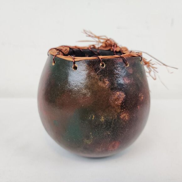 Hand Painted Gourd Bowl Handmade Art Feathers Agate Signed Brown Green - Picture 8 of 11